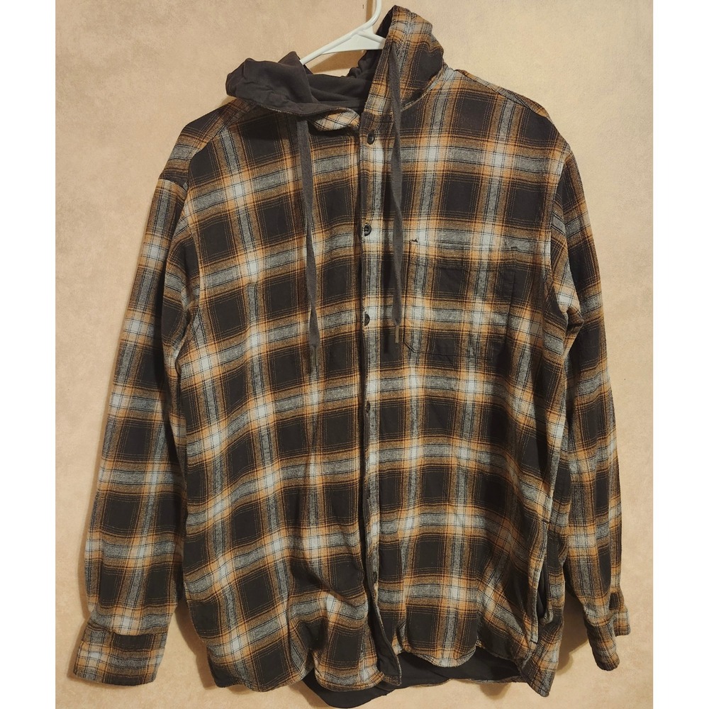 RedHead Brand Co Mens Hooded Flannel Jacket Orange Black Plaid L Large Button Up